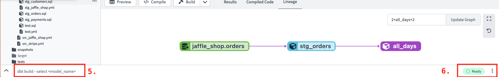 Use the Command bar to write dbt commands and the status button for the current IDE status